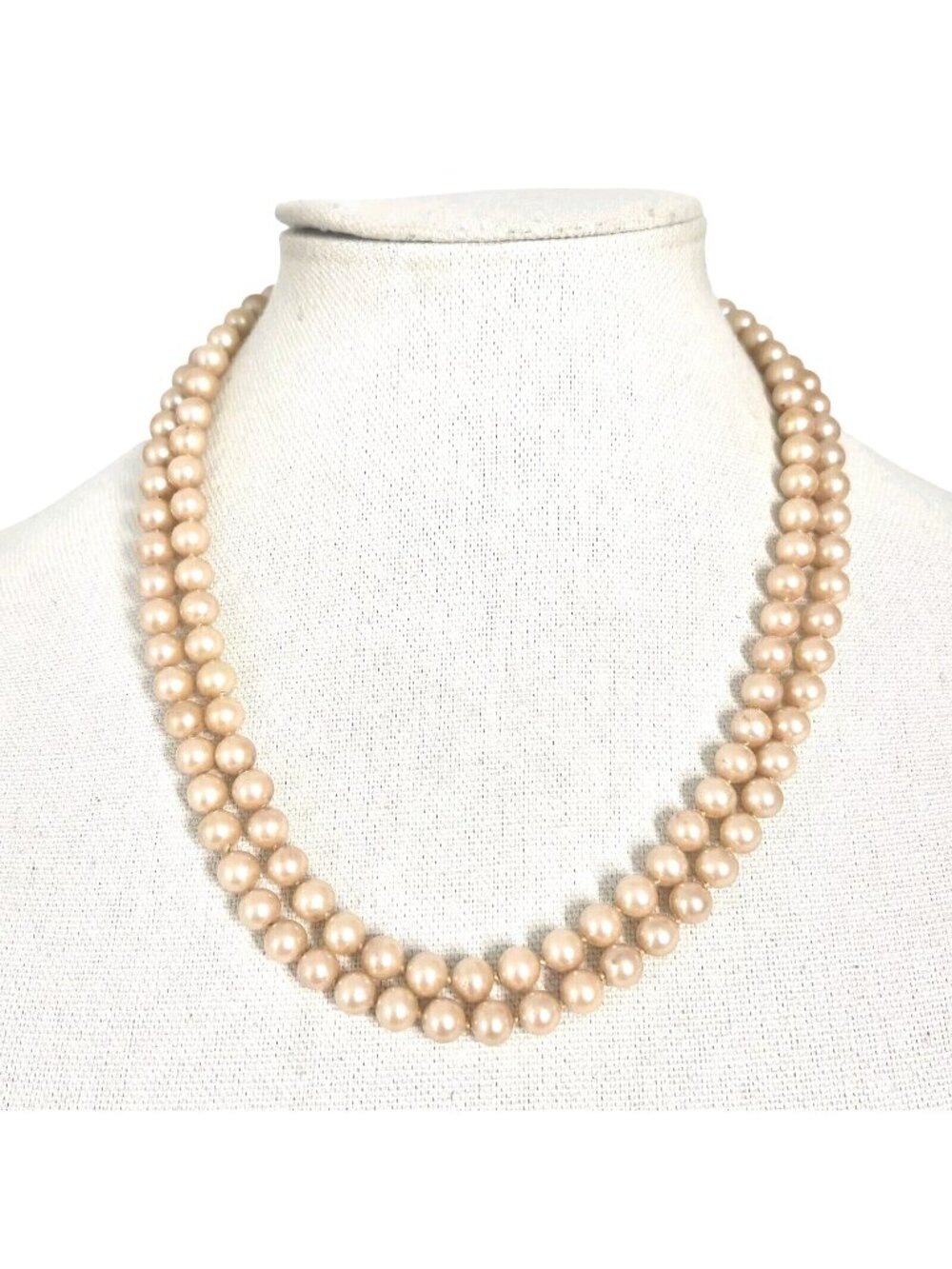 Vintage Hand Knotted Faux Apricot Pearl Silver Plated Double Strand Necklace
